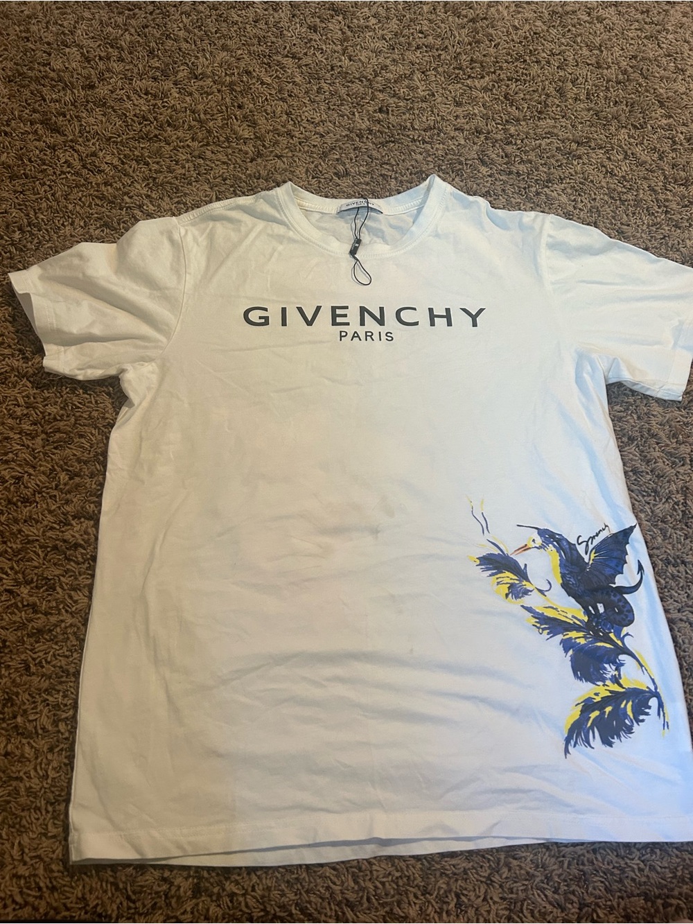 Givenchy White Graphic Tee with Blue and Yellow Bird Motif